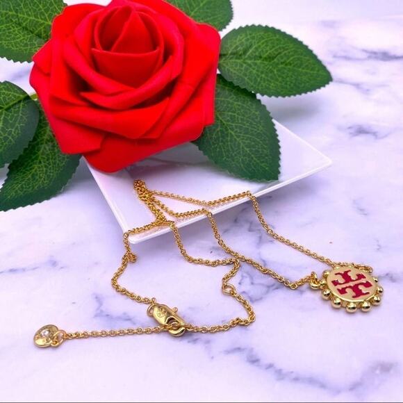 New Tory Burch Red Logo, Gold Adjustable Necklace - Picture 5 of 9
